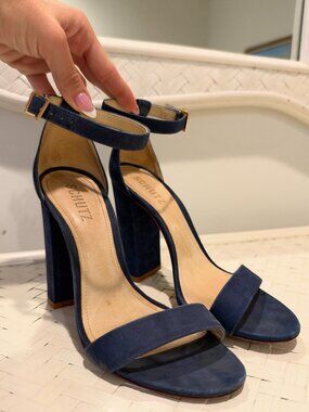 Schutz Navy Suede Block Heel Sandals Size 7